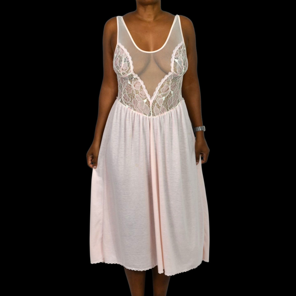 Vintage Victoria Secret Nightgown Pink Crown Catalog Knit Lace Mesh Sheer Medium